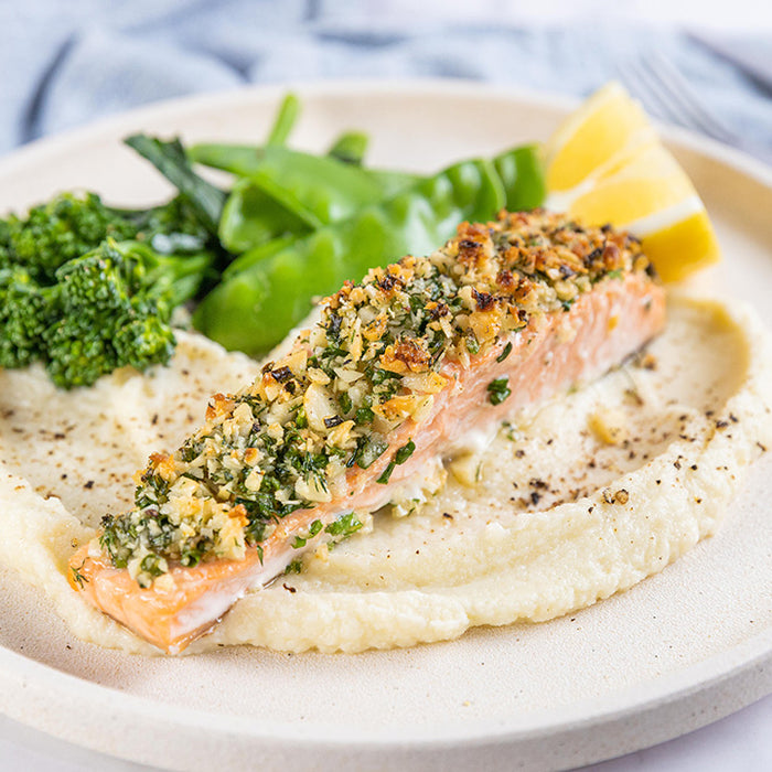 Macadamia Crusted Salmon with Cauliflower Mash