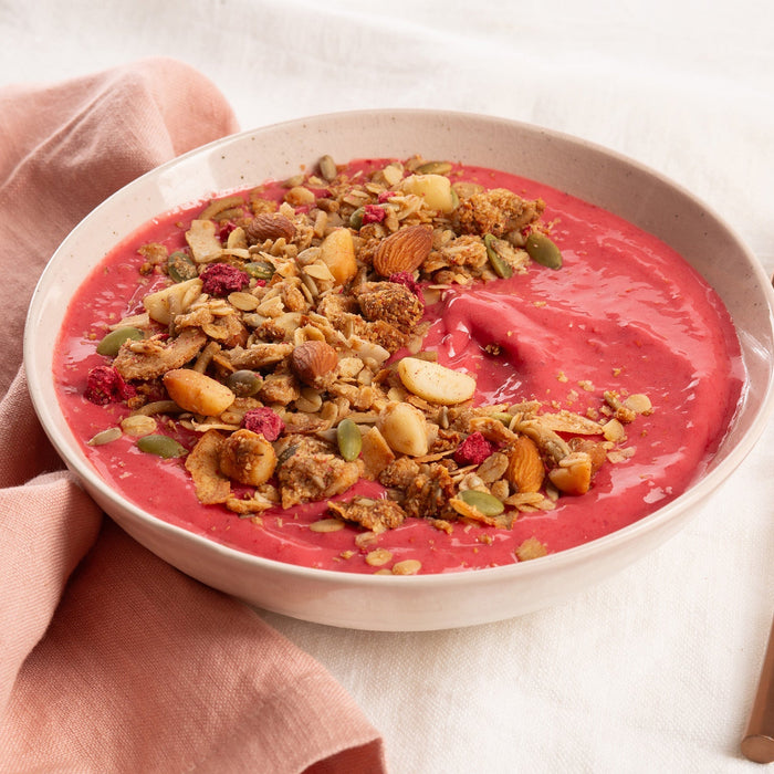 Berry Smoothie Bowl with Low Sugar Macadamia Granola