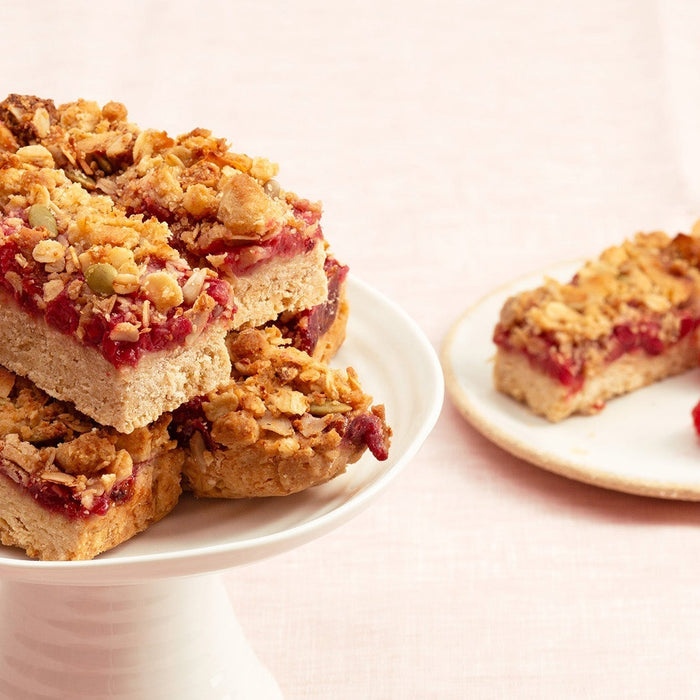 Low Sugar Raspberry Macadamia Crumble Slice