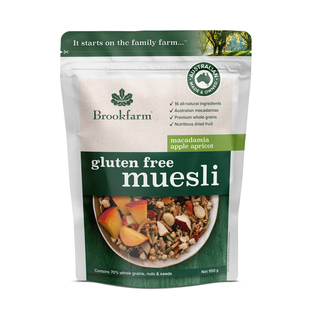 Gluten Free Muesli Macadamia Apple Apricot 950g FOP | Brookfarm