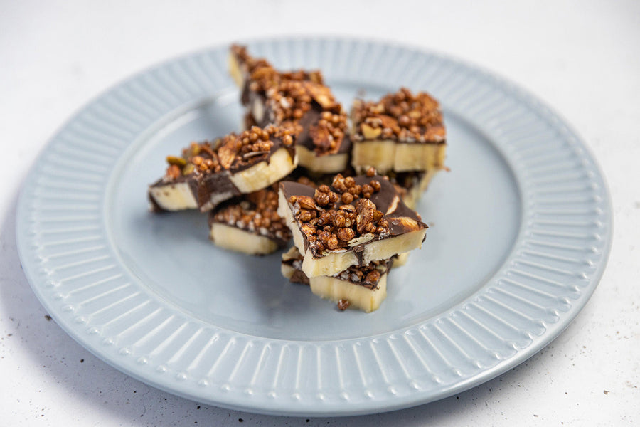 Cacao coconut granola banana bark pieces on a light blue plate.