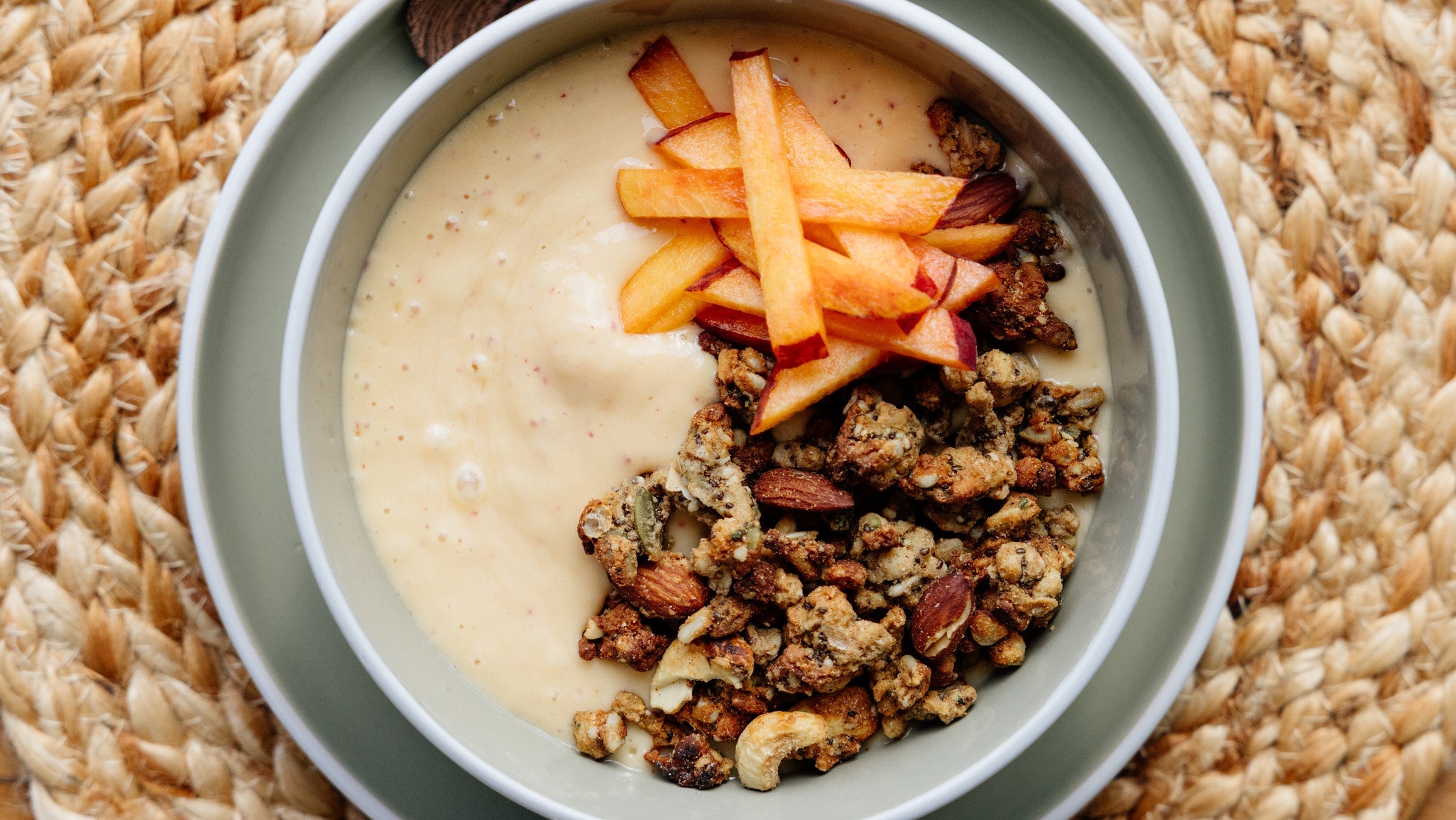 High Protein Peach & Mango Smoothie Bowl
