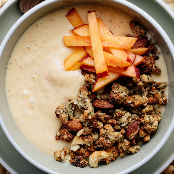 High Protein Peach & Mango Smoothie Bowl