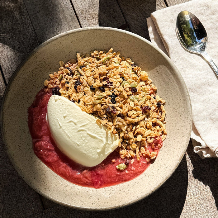 Macadamia Cranberry Toasted Muesli with Stewed Rhubarb & Yoghurt