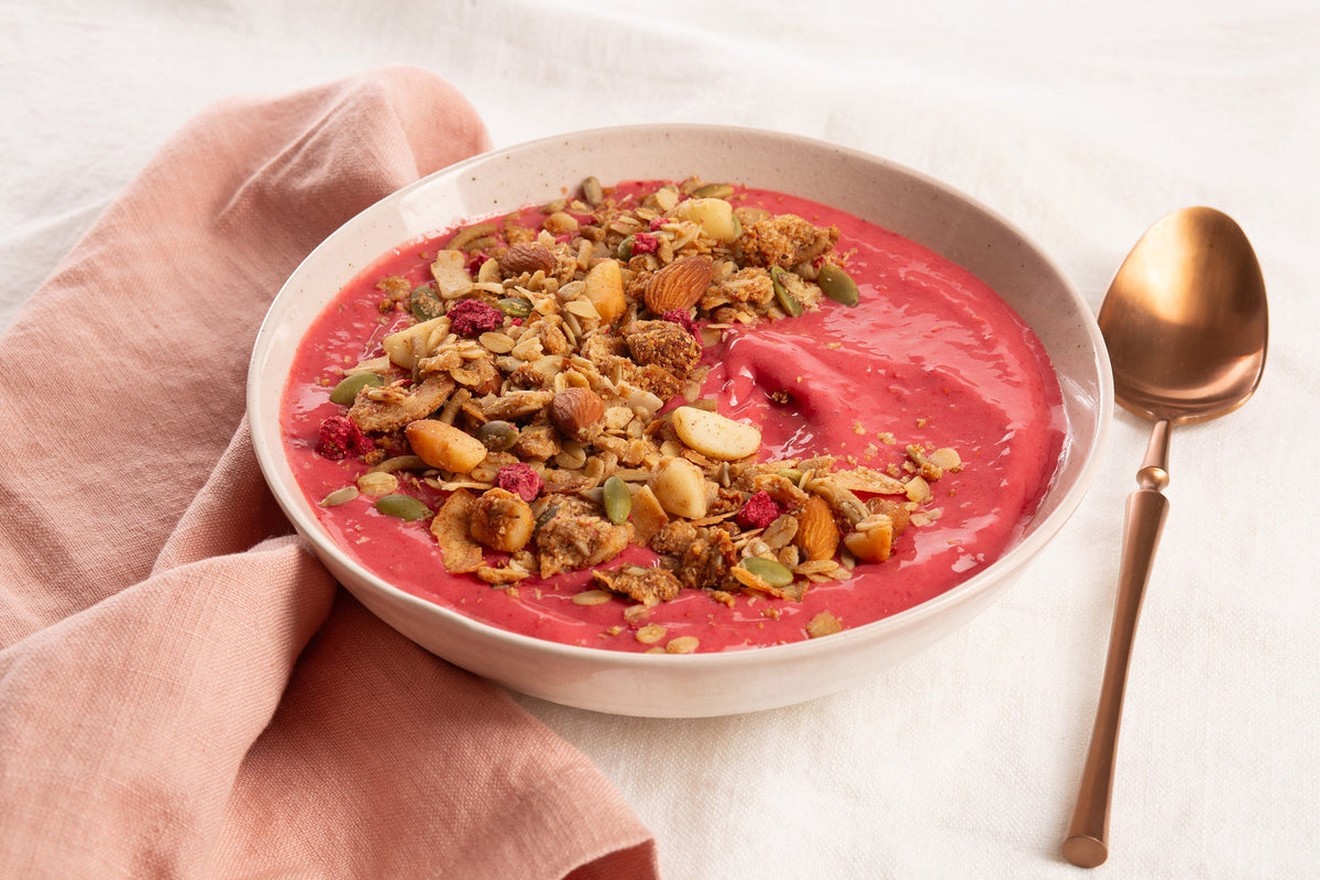 Berry Smoothie Bowl with Low Sugar Macadamia Granola