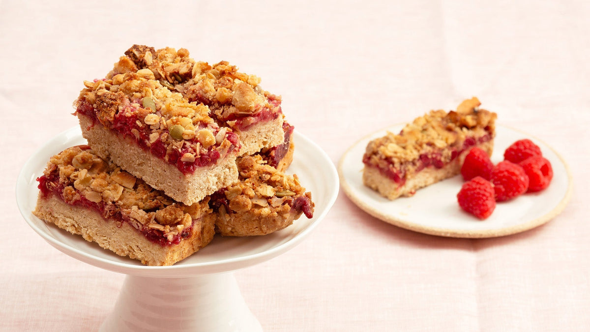 Low Sugar Raspberry Macadamia Crumble Slice