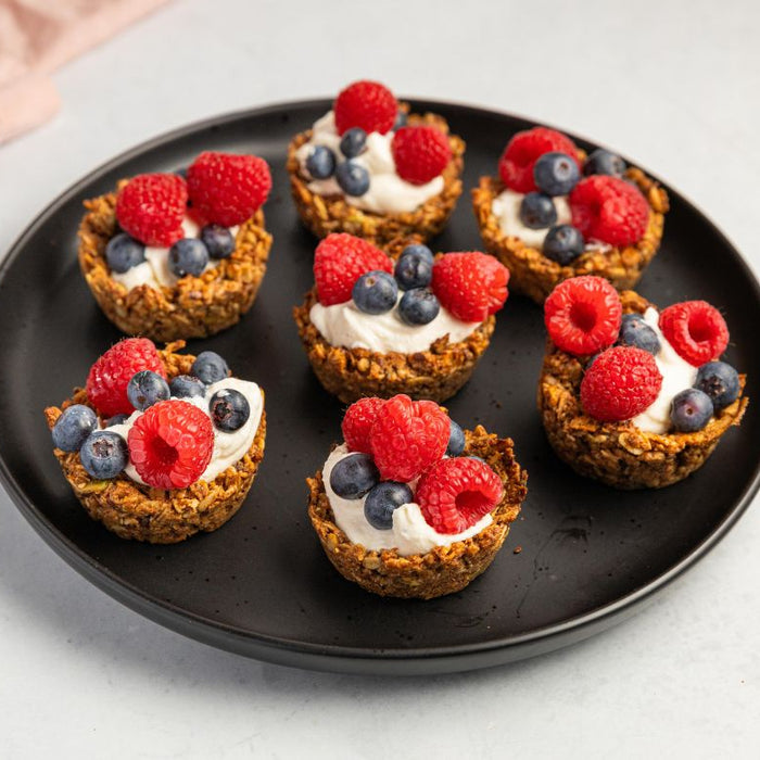 Mini Vegan Breakfast Tarts with Low Sugar Granola Macadamia Raspberry