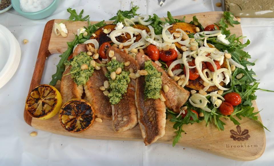 Pan Seared Snapper with Grilled Veggies Salad and Macadamia Pesto - Brookfarm