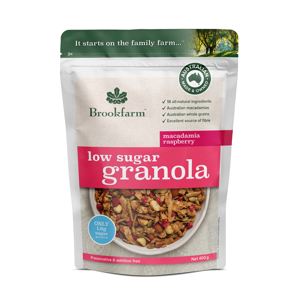 Brookfarm Low Sugar Granola Macadamia Raspberry – 400g Front of Pack
