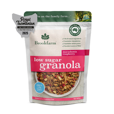 Brookfarm Low Sugar Granola Macadamia Raspberry – 400g Front of Pack - AWARD