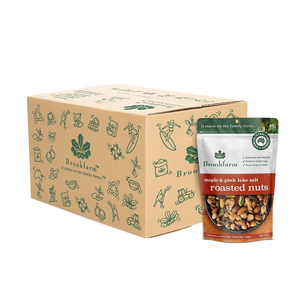 Roasted Nuts Maple & Pink Lake Salt 8x200g Carton - Brookfarm