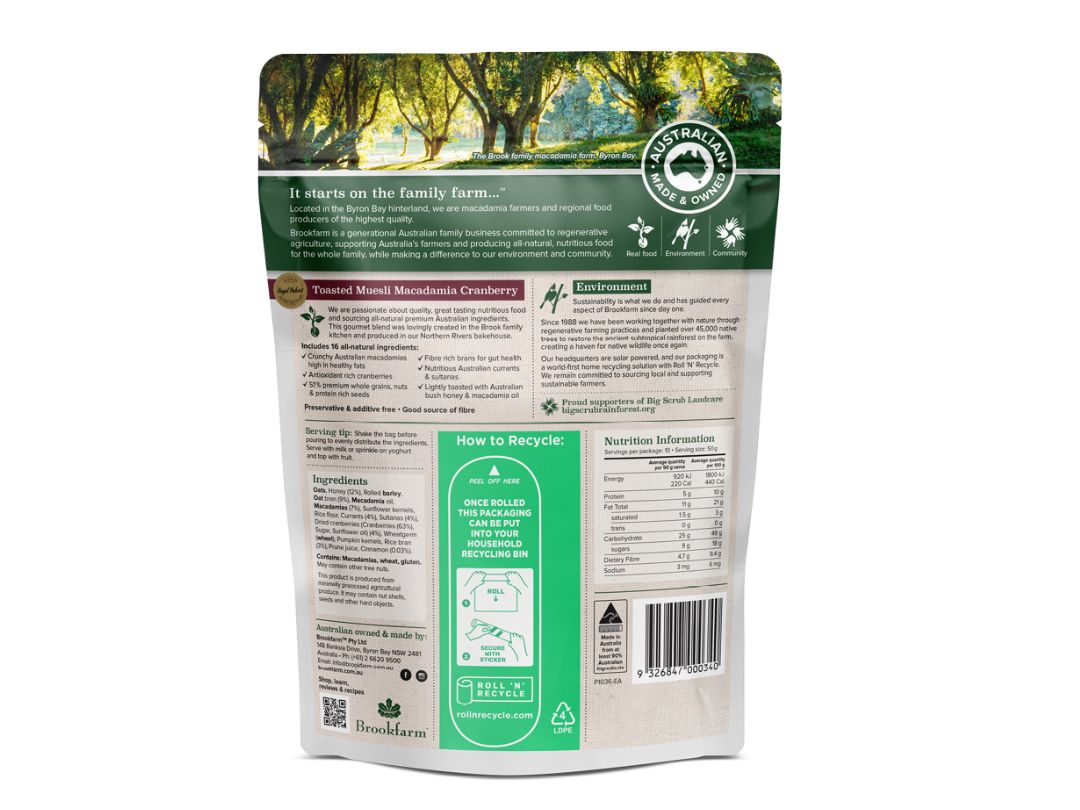 Brookfarm Roll N Recycle back of pack with sticker