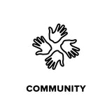 icon with four identical hands creating a circle to represent community with the text below saying 'community'